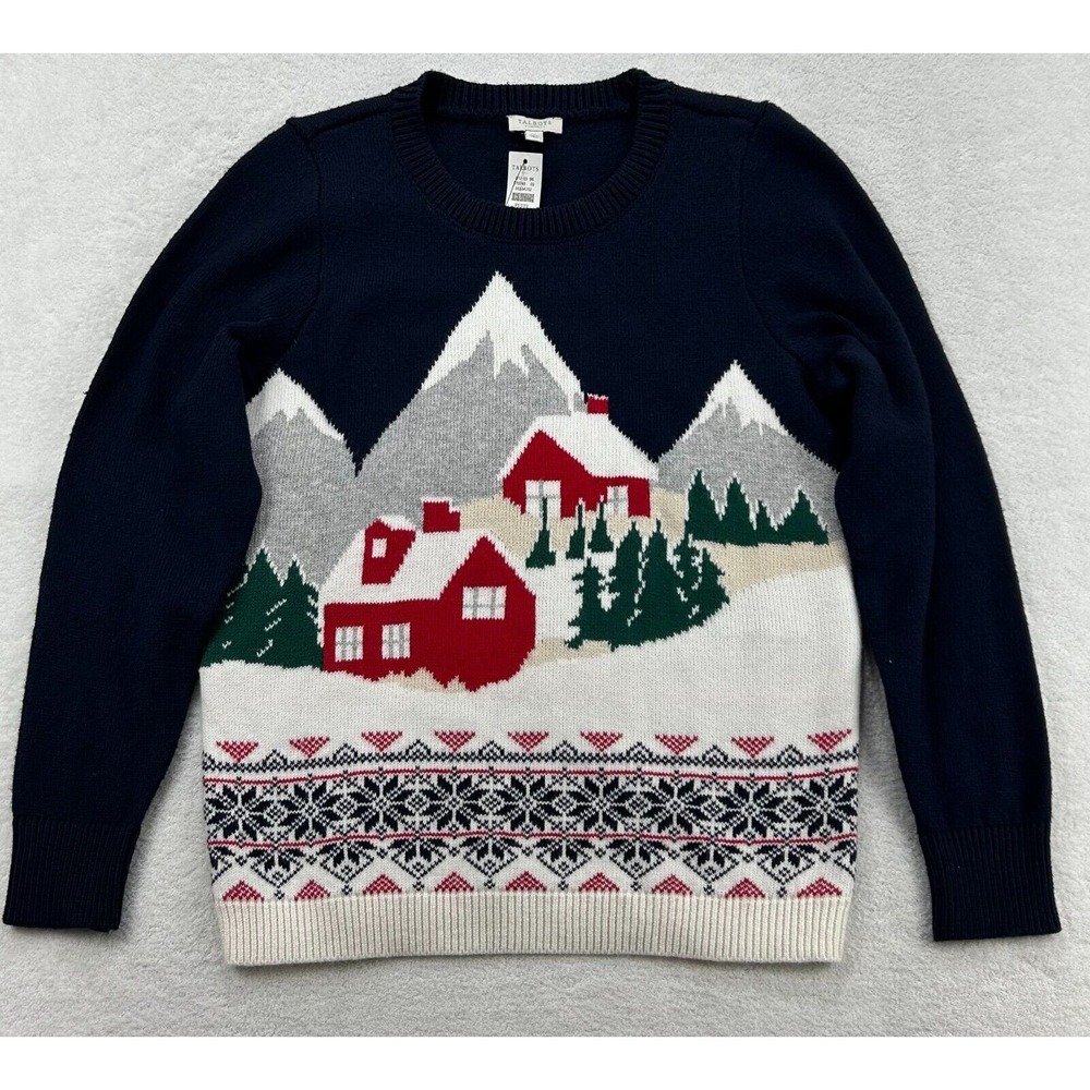 Talbots Women Petite M Blue Holiday Scene Crewneck Sweater Fair Isle NWT